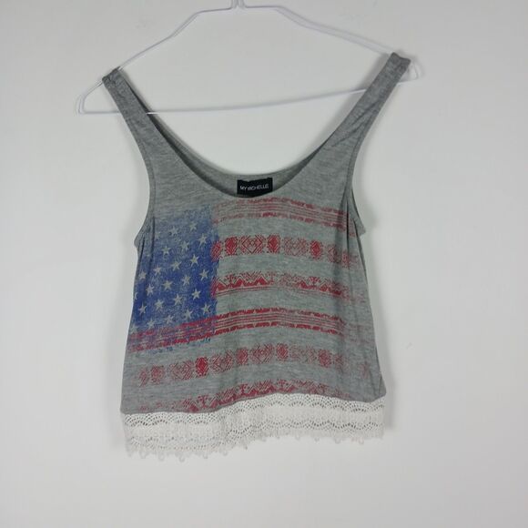 My Michelle Patriotic Flag Tank Top Women's S Crop Top Lace Trim - Picture 6 of 6